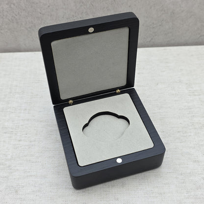 Open black ash wood coin box with premium light gray velvet insert and double side notches, luxury challenge coin display case.