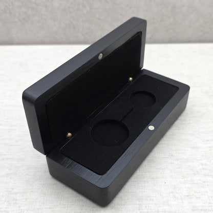 Open black solid ash wood display case side view featuring black velvet padded insert and magnetic closure