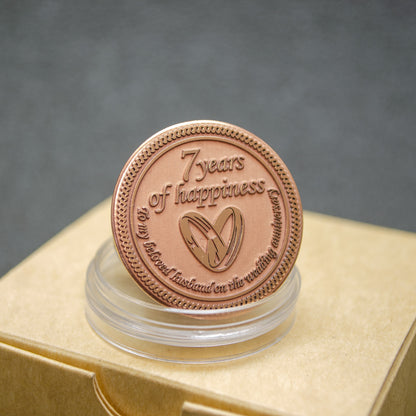 7th wedding anniversary copper gift for him, "7 years of happiness" commemorative coin in clear protective acrylic capsule.