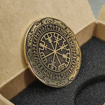 Viking brass amulet Vegvisir with runes in a protective capsule and craft gift box.
