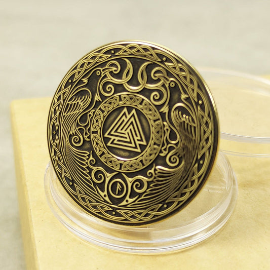 Custom brass Valknut coin with Odin's Ravens Huginn and Muninn, 32mm diameter, deep laser engraving with black patina.