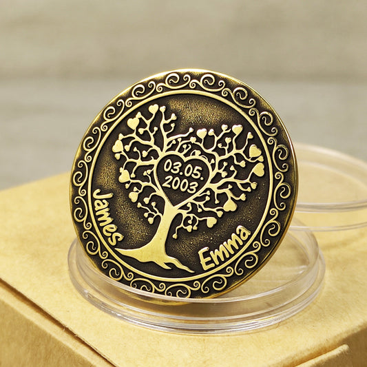 Handmade Tree of Love brass coin with personalized names and date engraving, unique anniversary gift for couple, vintage patina finish.