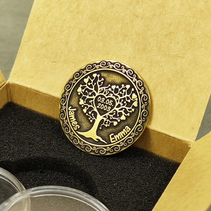 Hand-finished brass anniversary token with decorative swirl border, romantic personalized gift for her or him in a gift box.
