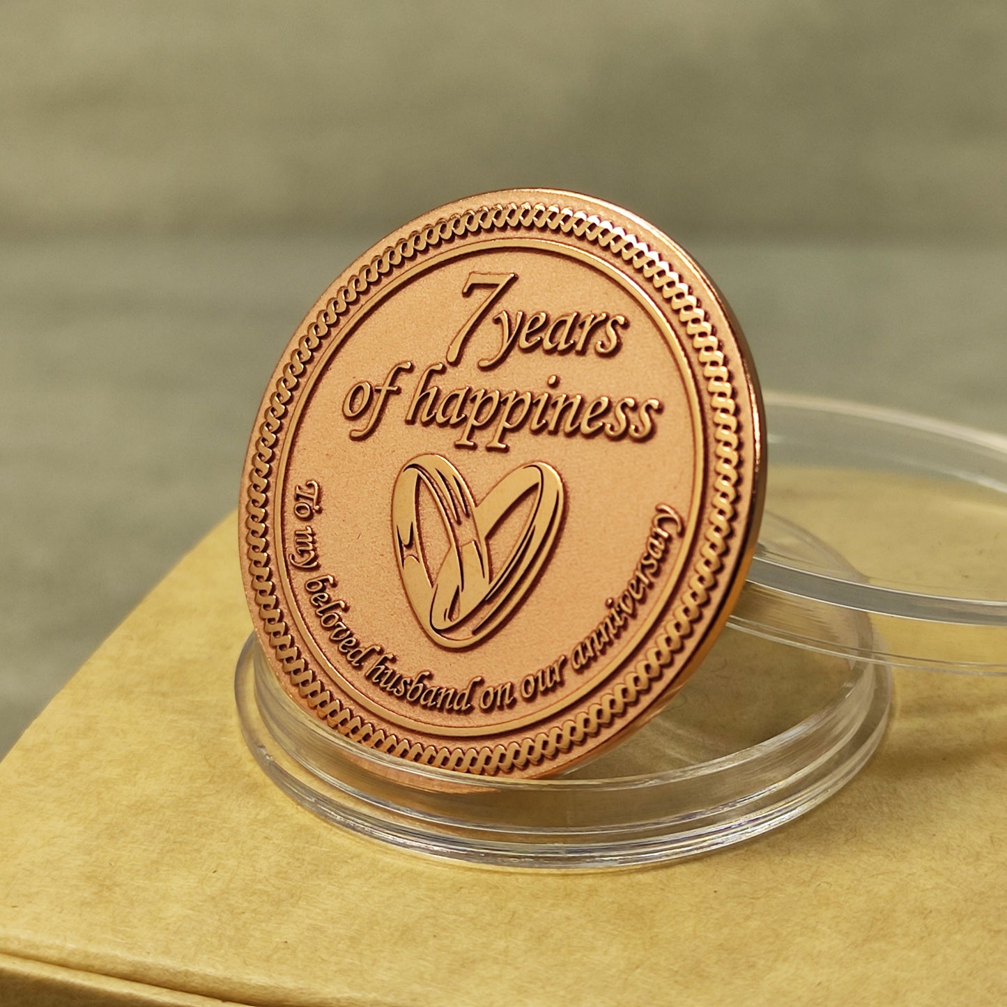 Engraved copper coin for 7 years of marriage celebration, high-quality polished copper gift for husband, personalized romantic keepsake.