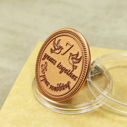 Hand-polished copper anniversary coin with "Copper wedding" text, personalized wedding date engraving, high-quality metalwork.