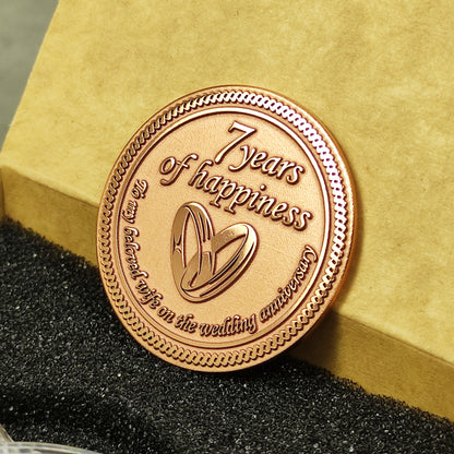 7th wedding anniversary copper token for wife, deep laser engraved romantic gift, hand-finished polished copper keepsake in a gift box.