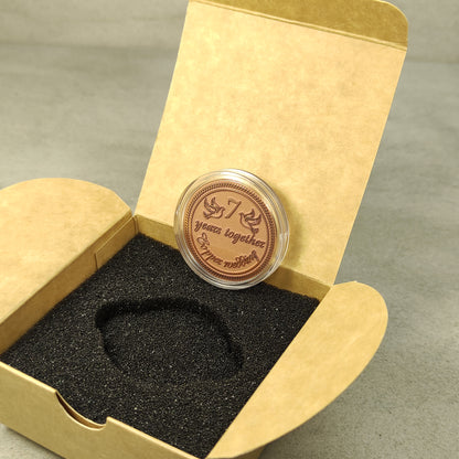 Custom copper 7th anniversary token without capsule, deep laser engraved anniversary gift for him, polished copper metalwork.