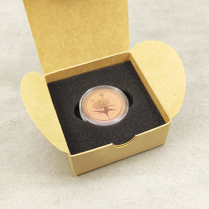 Aesthetic presentation of the copper flower medal in a craft box, ideal for a 7th wedding anniversary gift or personalized keepsake.