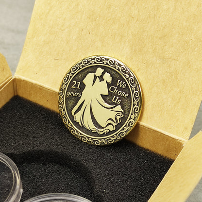 Handmade brass anniversary coin for 21 years of marriage, personalized gift for couple with dark aged patina.