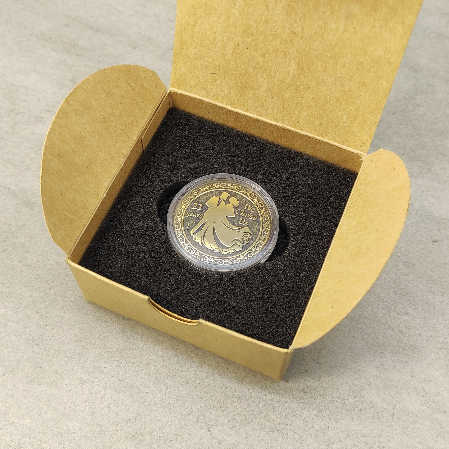Brass 21 years anniversary coin gift for husband or wife, elegant metal engraving in a protective acrylic holder.
