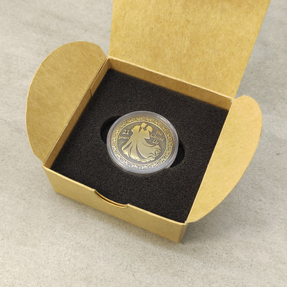 Brass 21 years anniversary coin gift for husband or wife, elegant metal engraving in a protective acrylic holder.