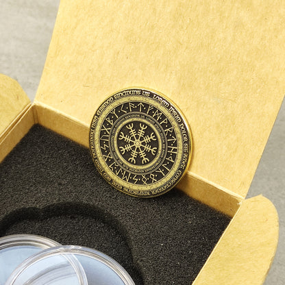 Vertical view of a 2mm thick brass souvenir coin, showcasing precision engraving and metallic texture.