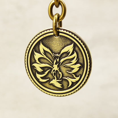 Brass Coin Keychain "Kitsune" - Japanese Mythological Talisman with Engraving and Personalization