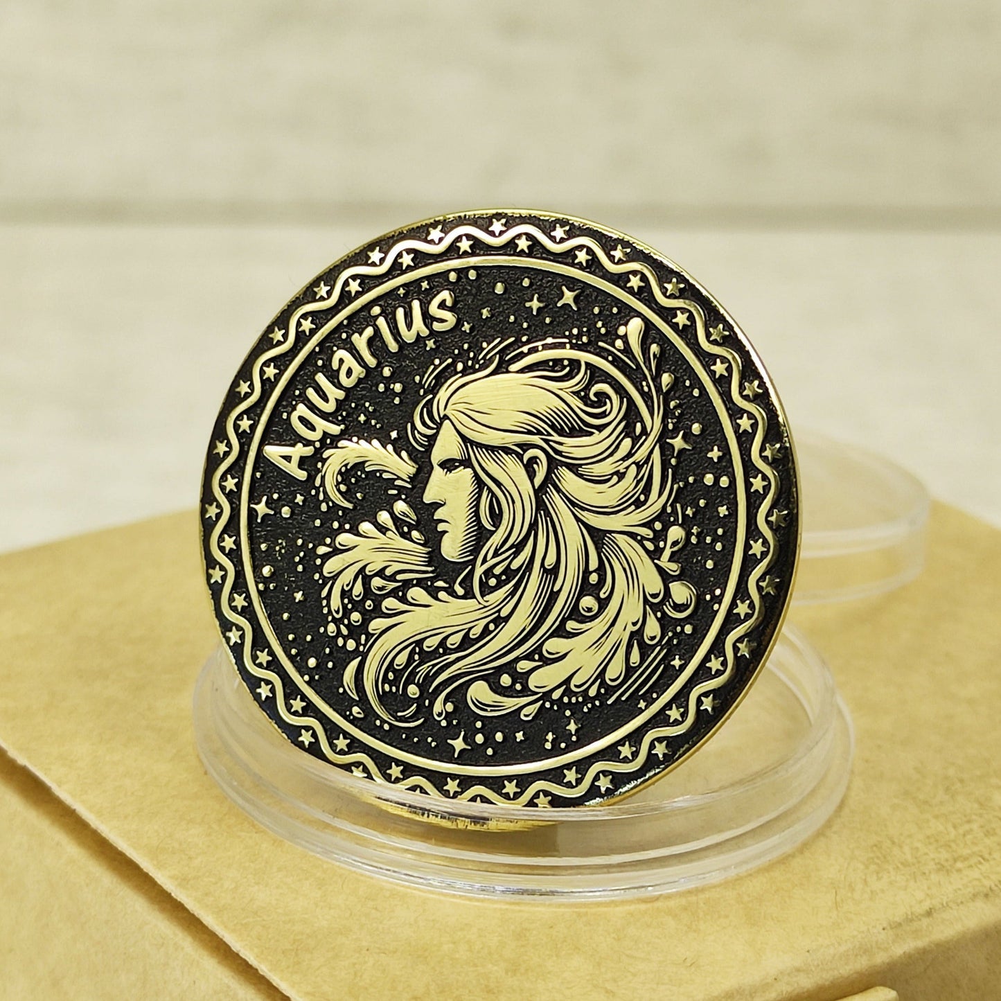 Brass Aquarius Zodiac Coin – Personalized Engraved Astrological Gift