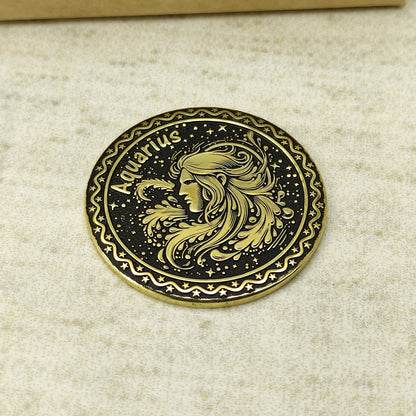 Brass Aquarius Zodiac Coin – Personalized Engraved Astrological Gift