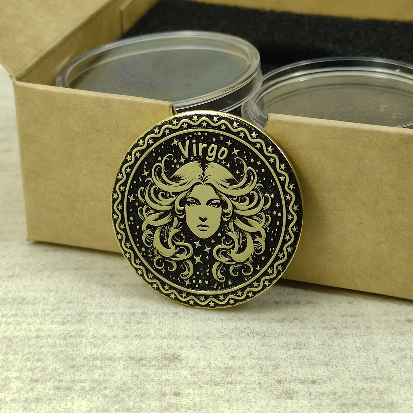 Virgo zodiac brass medal presented with minimalist gift packaging, showcasing the 32mm diameter and premium metal quality of the custom engraved coin.