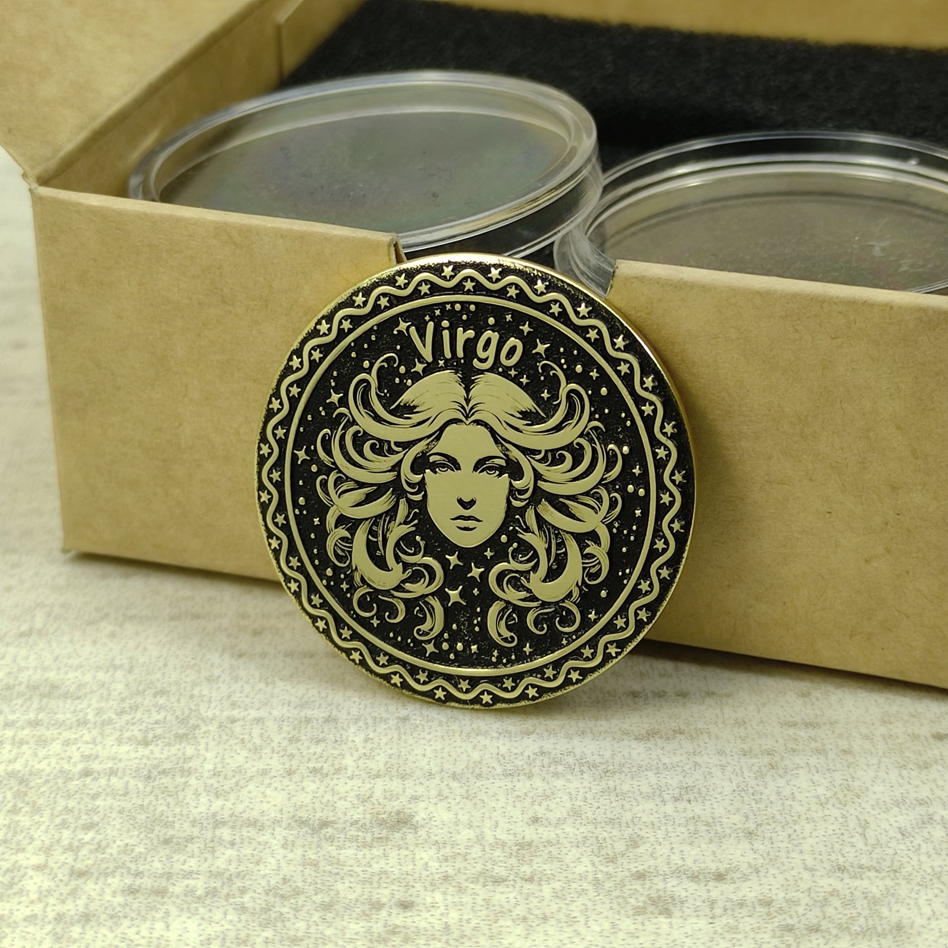 Virgo zodiac brass medal presented with minimalist gift packaging, showcasing the 32mm diameter and premium metal quality of the custom engraved coin.