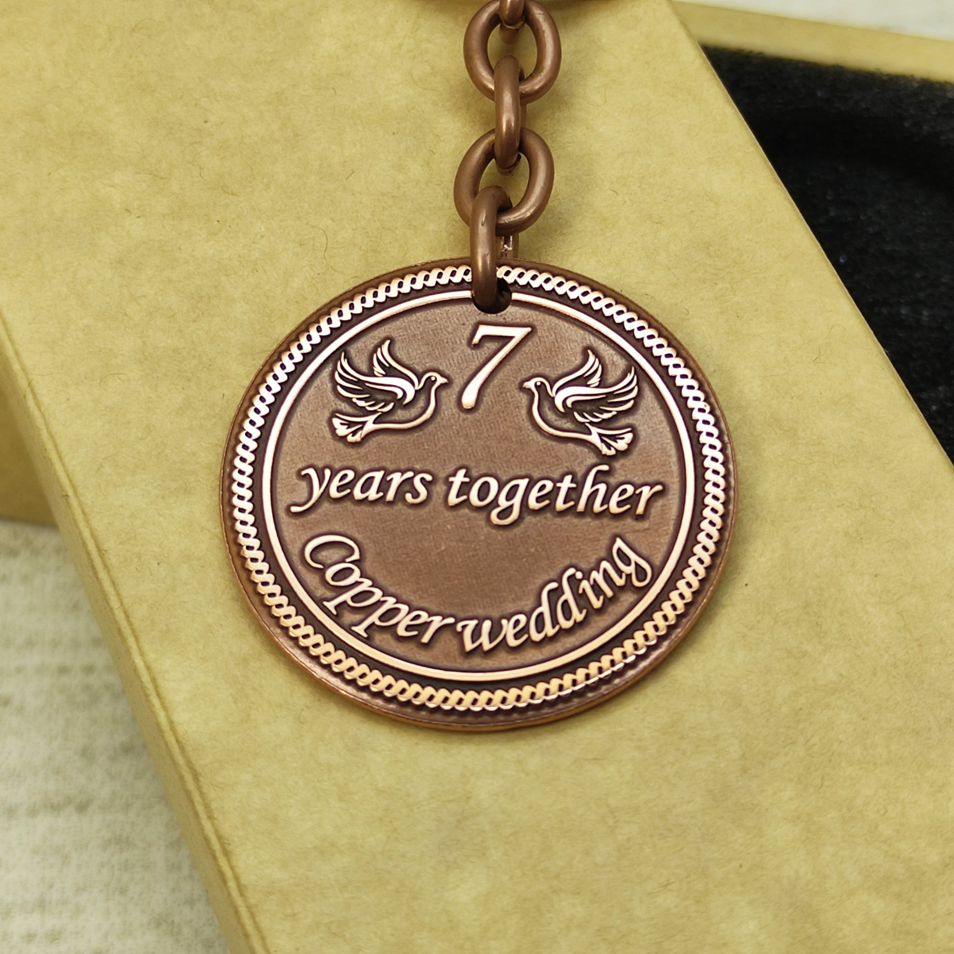 Detailed view of 7th anniversary copper medallion showing deep etching and professional dark patina.