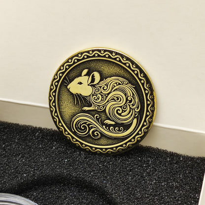 Vertical view of the personalized brass zodiac medal in a premium black insert box, showcasing the antique finish and engraved star border.