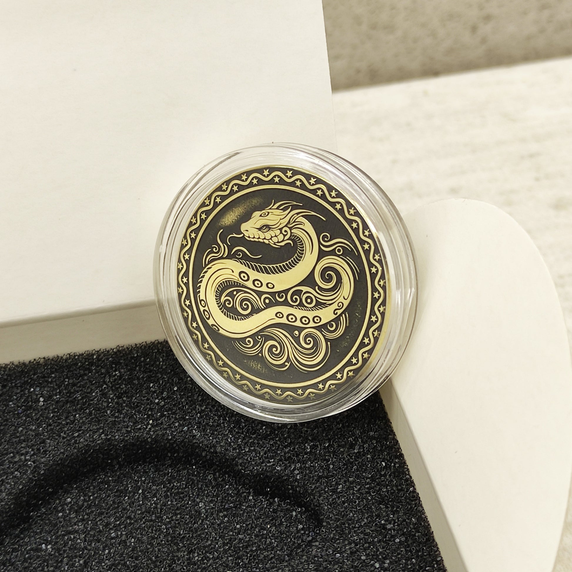 Macro photo of the brass Snake coin in a protective capsule, highlighting the intricate dark recessed patina engraving for high contrast.
