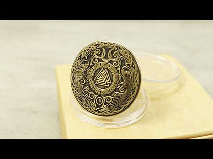 Brass Valknut Coin — Knot of the Fallen with Odin’s Ravens and Personalization