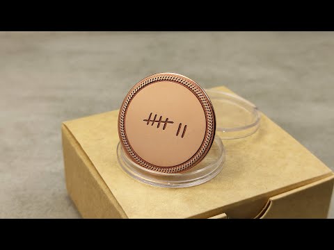 Customized copper anniversary gift with tally marks, deep laser engraved metal token in eco-friendly gift box.