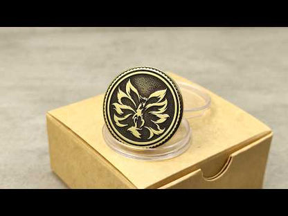Personalized Brass Coin Kitsune — Nine-Tailed Fox with Custom Engraving