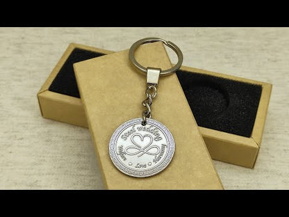 11 years steel wedding anniversary gift keychain with custom "Welfare Love Harmony" engraving.