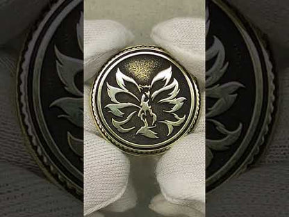 Personalized Brass Coin Kitsune — Nine-Tailed Fox with Custom Engraving