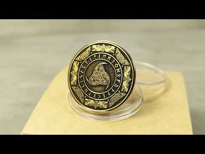 Brass Odin’s Triple Horn Coin with Runes — Norse Symbolic Gift with Personalization