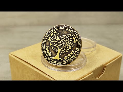 Personalized brass love token with custom laser engraving, artisan handmade wedding anniversary gift in eco-friendly packaging.