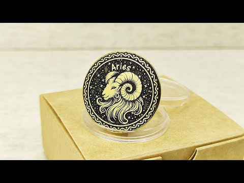 Video demonstration of a personalized Aries brass zodiac coin, showcasing the metallic texture and high-contrast professional patina treatment.