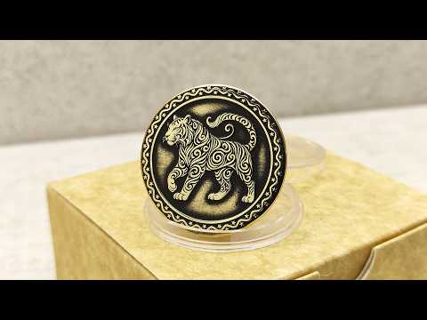 Video showcase of a personalized brass zodiac coin Year of the Tiger, highlighting the metallic gold-tone texture and high-contrast professional patina.