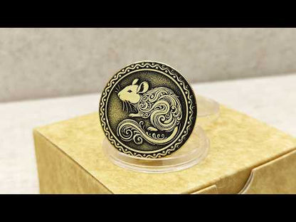 Video showcase of a personalized brass zodiac coin Year of the Rat, highlighting the metallic gold-tone texture and high-contrast professional patina.
