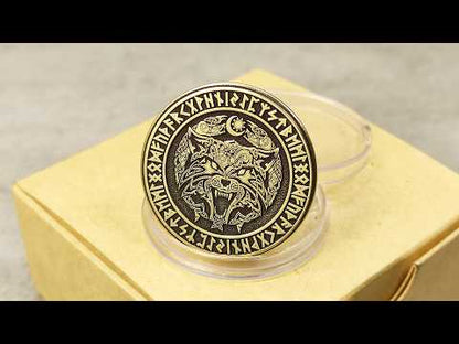 Personalized Brass "Fenrir Wolf" Coin with Runic Engraving
